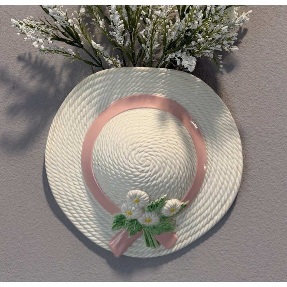 Vtg Burwood Hanging Straw Hat Wall Pocket Daisies Made In USA Baby Nursery Decor